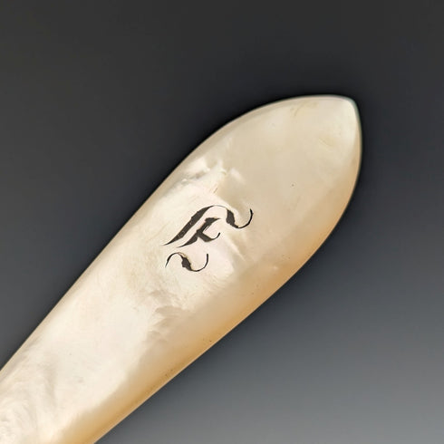 Late 19th Century British Antique White Mother of Pearl Handle Fruit Cutlery Set of 6 Pairs with Tray